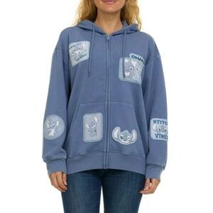 NWT Disney Stitch Women’s Blue Full Zip Character Sweatshirt Hoodie Patches M